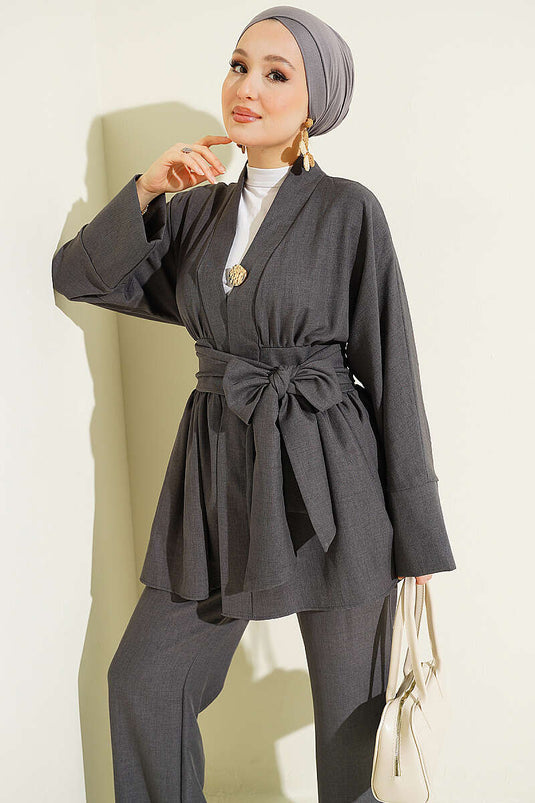 Self-Belted Kimono Two-Piece Set in Smoke Gray