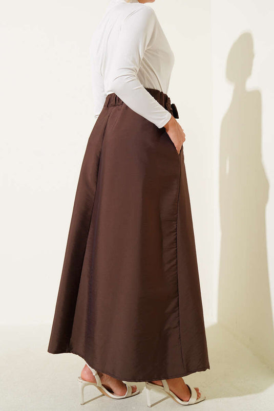 Kendinden Kuşaklı Kloş Etek Kahve