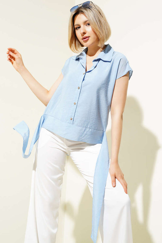 Kendinden Kuşaklı Kolsuz Gömlek Mavi