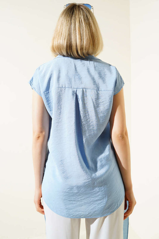 Kendinden Kuşaklı Kolsuz Gömlek Mavi