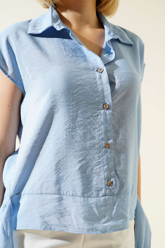 Kendinden Kuşaklı Kolsuz Gömlek Mavi