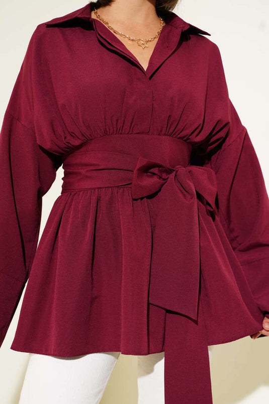 تونيك برباط أمامي مجعد بلون بوردو