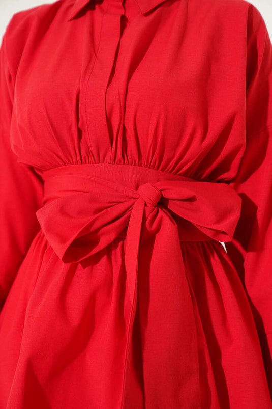 Kendinden Kuşaklı Önü Büzgülü Tunik Kırmızı
