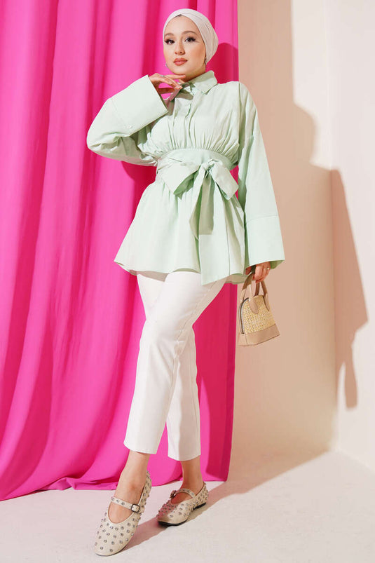 Tunique à ceinture intégrée et froncée sur le devant, vert d'eau