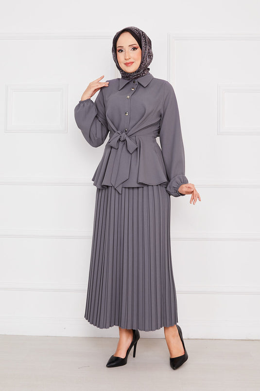 Self-pleated Layered Modest Set Gray