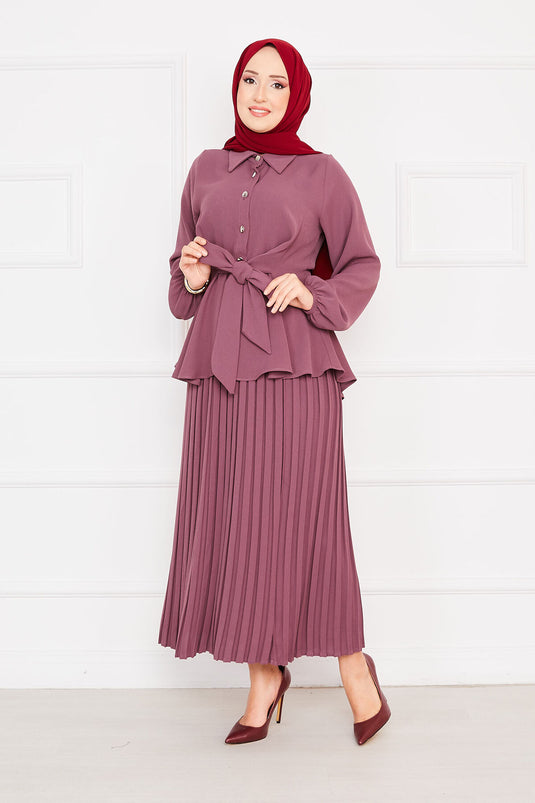 Kendinden Kuşaklı Piliseli Tesettür Takım Gülkurusu