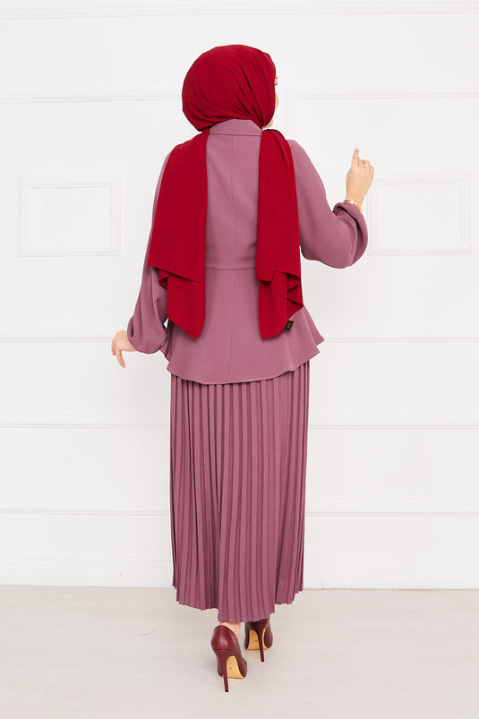 Kendinden Kuşaklı Piliseli Tesettür Takım Gülkurusu