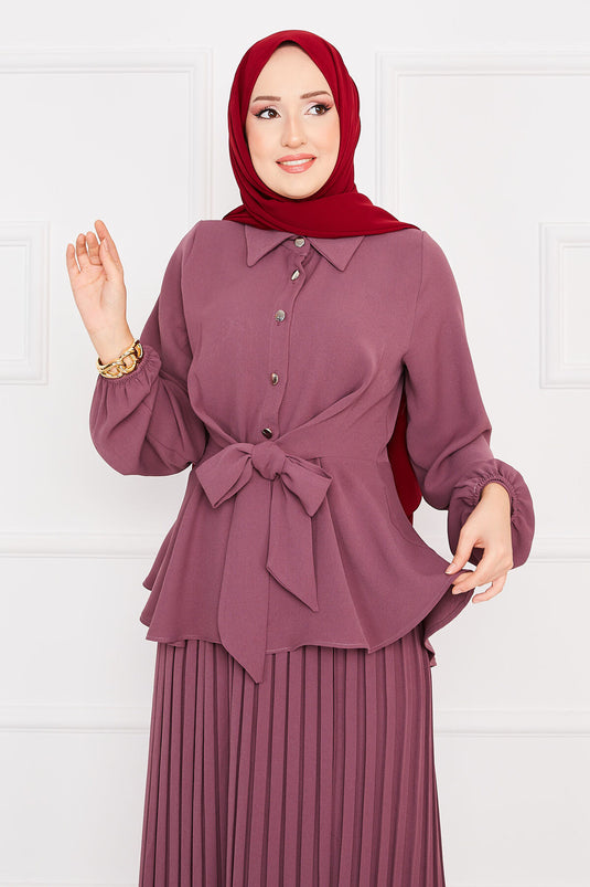 Kendinden Kuşaklı Piliseli Tesettür Takım Gülkurusu