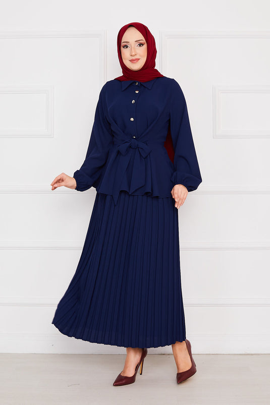 Self-ruffled Pleated Modest Set in Royal Blue
