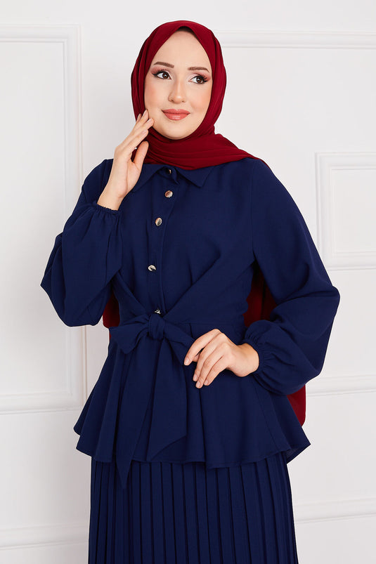 Kendinden Kuşaklı Piliseli Tesettür Takım Saks