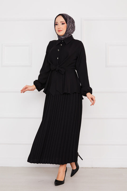 Kendinden Kuşaklı Piliseli Tesettür Takım Siyah