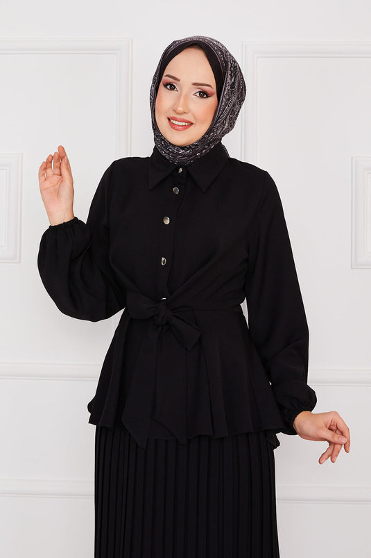 Kendinden Kuşaklı Piliseli Tesettür Takım Siyah