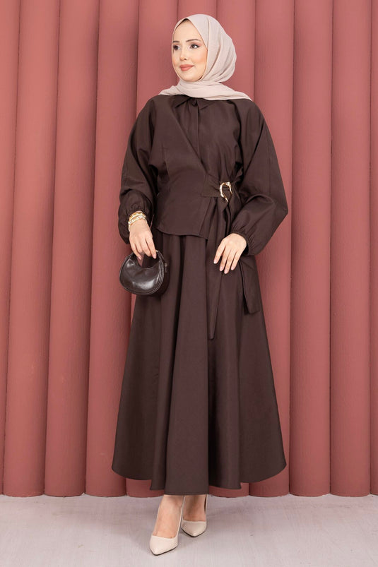 Two-Piece Set with Built-in Belt and Buckle Detail Skirt Brown