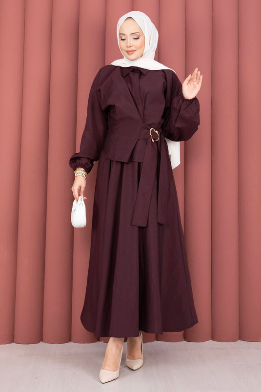 Two-Piece Set with Self-Belt, Buckle Detail, and Skirt in Burgundy