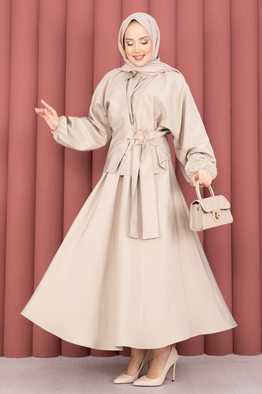 Two-Piece Set with Built-in Belt, Buckle Detail, and Skirt in Stone Color