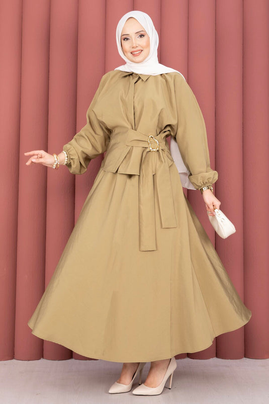 Two-Piece Set with Built-in Belt and Buckle Detail Skirt in Olive Green