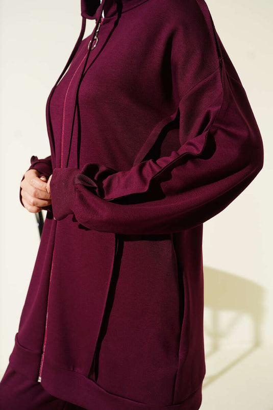 Kendinden Şeritli Kapüşonlu Loyşa İkili Takım Bordo