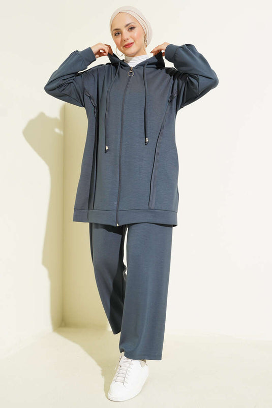 Self-Striped Hooded Loysa Two-Piece Set, Smoke Grey