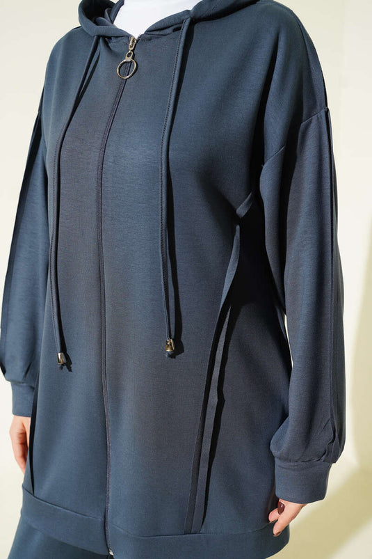 Self-Striped Hooded Loysa Two-Piece Set, Smoke Grey