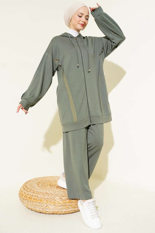 Kendinden Şeritli Kapüşonlu Loyşa İkili Takım Haki