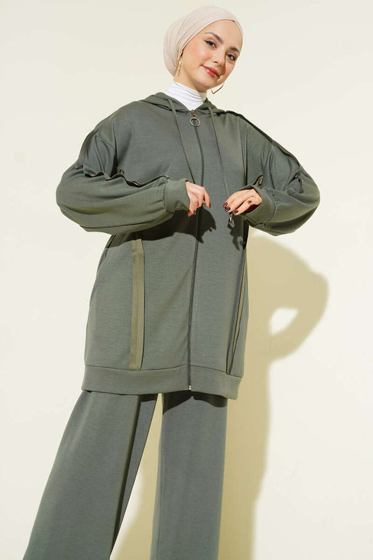 Kendinden Şeritli Kapüşonlu Loyşa İkili Takım Haki