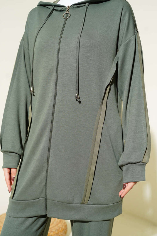 Kendinden Şeritli Kapüşonlu Loyşa İkili Takım Haki