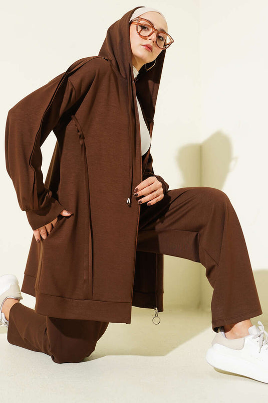 Kendinden Şeritli Kapüşonlu Loyşa İkili Takım Kahve