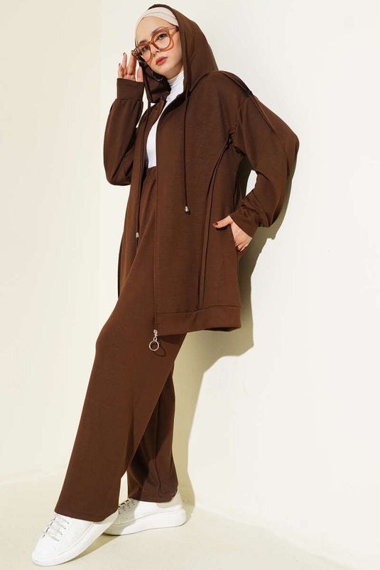 Kendinden Şeritli Kapüşonlu Loyşa İkili Takım Kahve