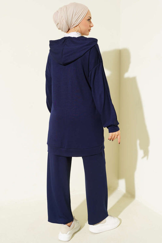 Kendinden Şeritli Kapüşonlu Loyşa İkili Takım Lacivert