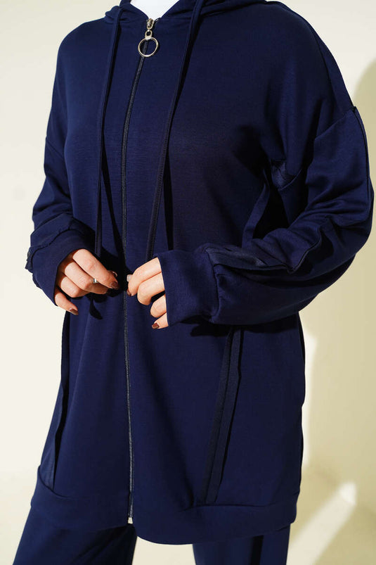 Kendinden Şeritli Kapüşonlu Loyşa İkili Takım Lacivert