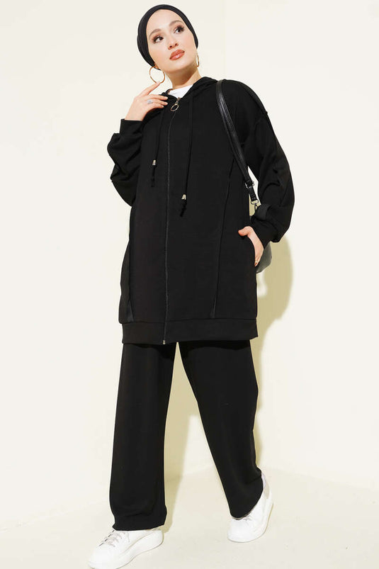 Kendinden Şeritli Kapüşonlu Loyşa İkili Takım Siyah