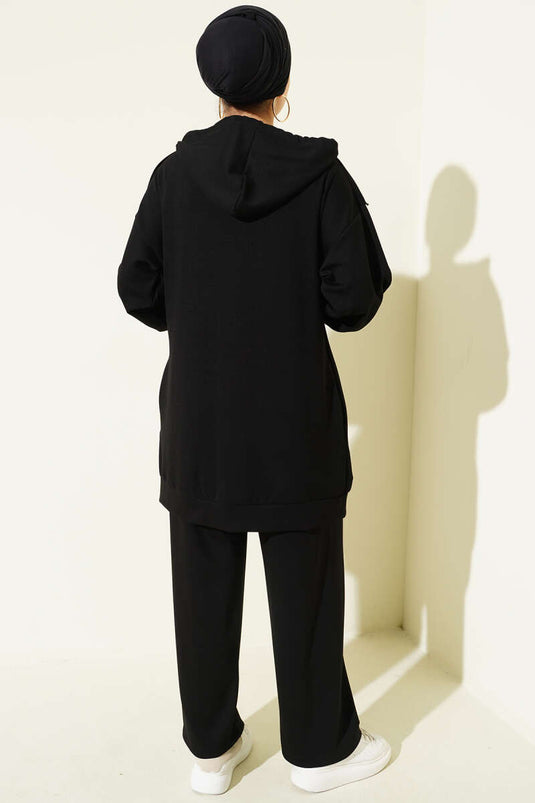 Kendinden Şeritli Kapüşonlu Loyşa İkili Takım Siyah