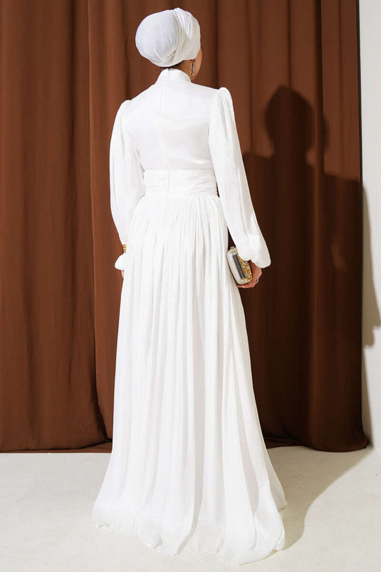 Robe de soirée blanche ceinturée à col rond