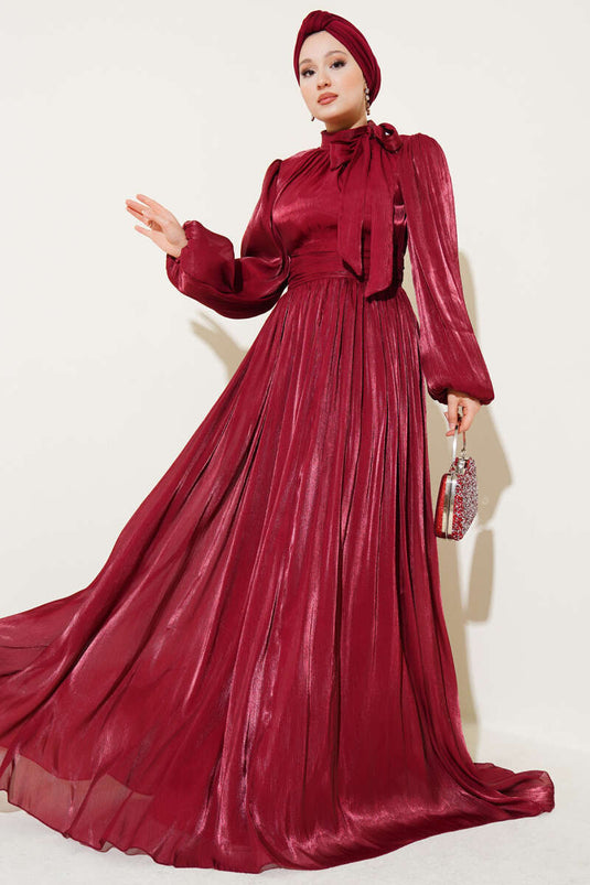 Self-Neck Belted Evening Dress Burgundy