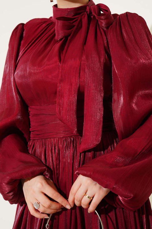 Self-Neck Belted Evening Dress Burgundy