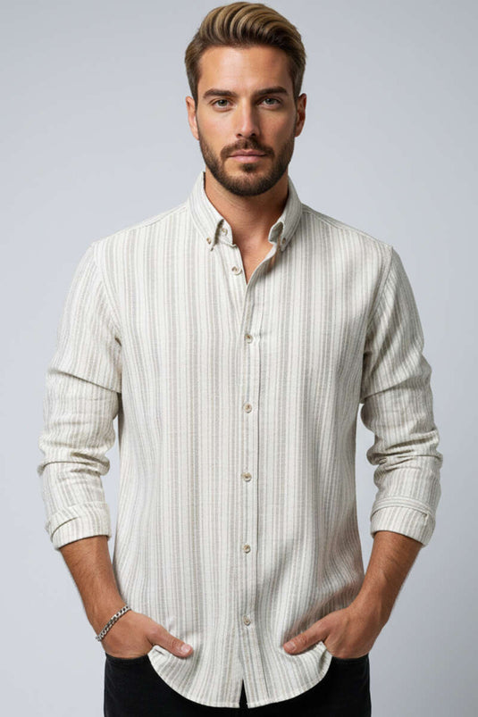 Kesik Çizgili Erkek Keten Gömlek Kahve