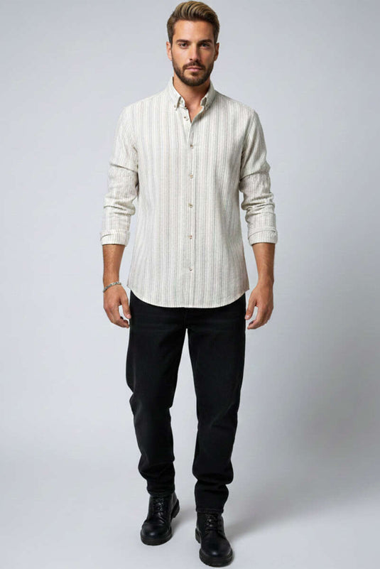 Kesik Çizgili Erkek Keten Gömlek Kahve