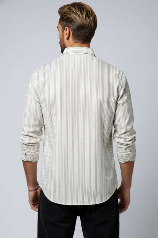 Kesik Çizgili Erkek Keten Gömlek Kahve