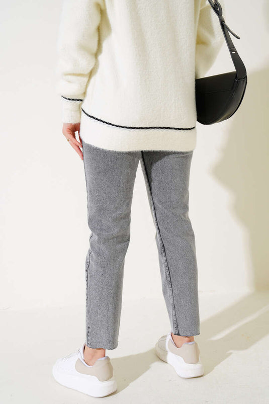 Pantalon Jeans Coupe Skinny Court Gris Neige