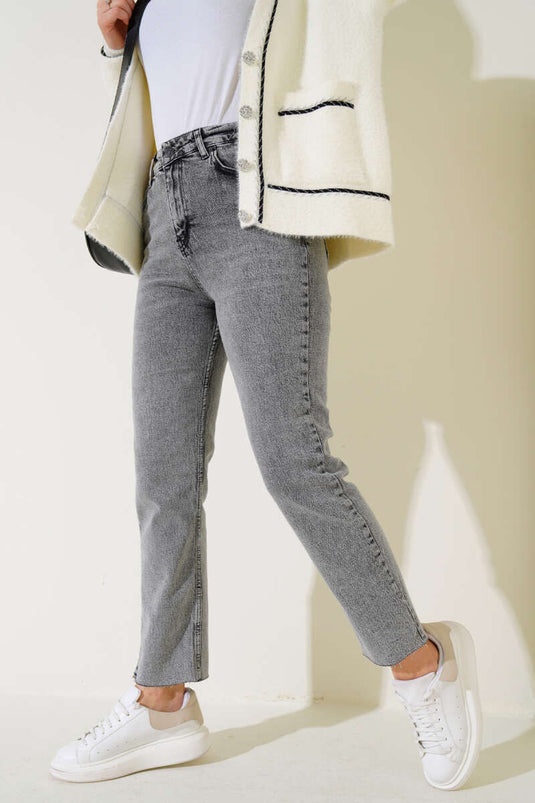 Pantalon Jeans Coupe Skinny Court Gris Neige