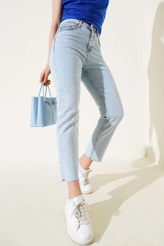 Cut-Slim Leg Stoned Jeans Light Snow