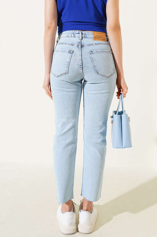Cut-Slim Leg Stoned Jeans Light Snow