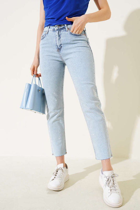 Cut-Slim Leg Stoned Jeans Light Snow