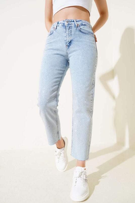 Cut-Skin-Leg Stoned Jeans Ice Blue