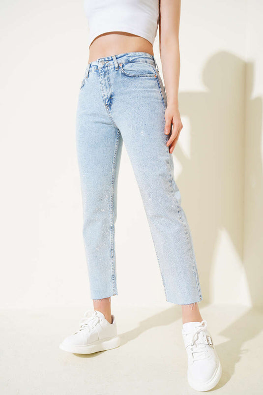 Cut-Skin-Leg Stoned Jeans Ice Blue