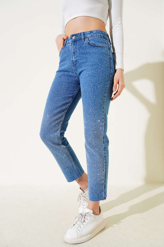 Cut-Skin-Leg Stoned Jeans Blue