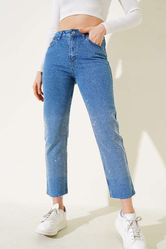 Cut-Skin-Leg Stoned Jeans Blue