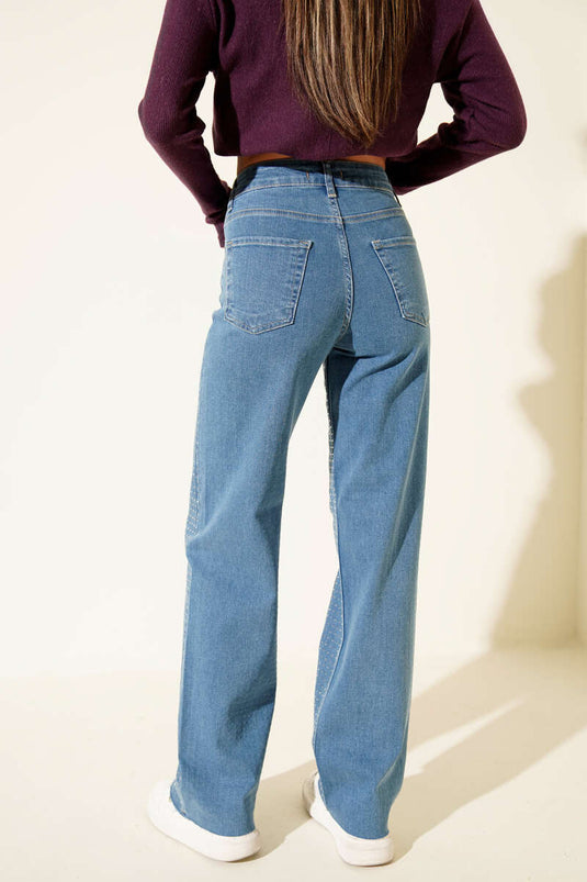 Cut Wide-Leg Stone-Embellished Denim Trousers Light Blue