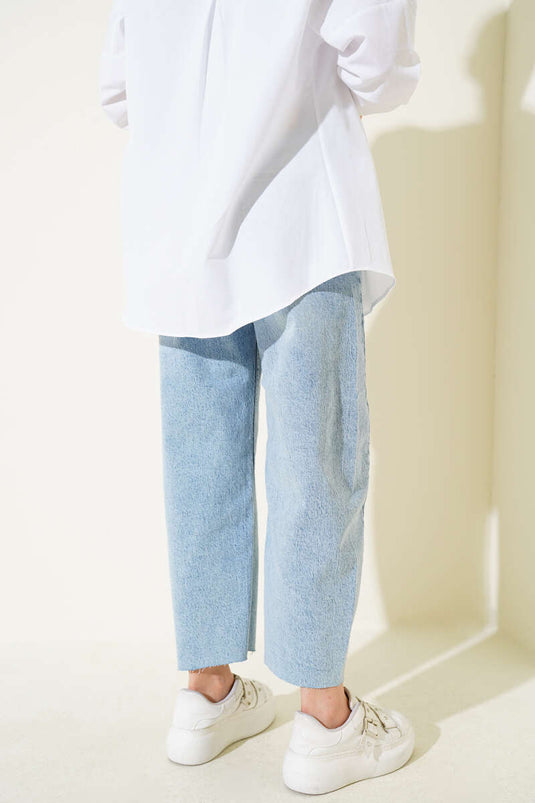 Kesik Paça Baggy Fit Kot Pantolon Açık Kar