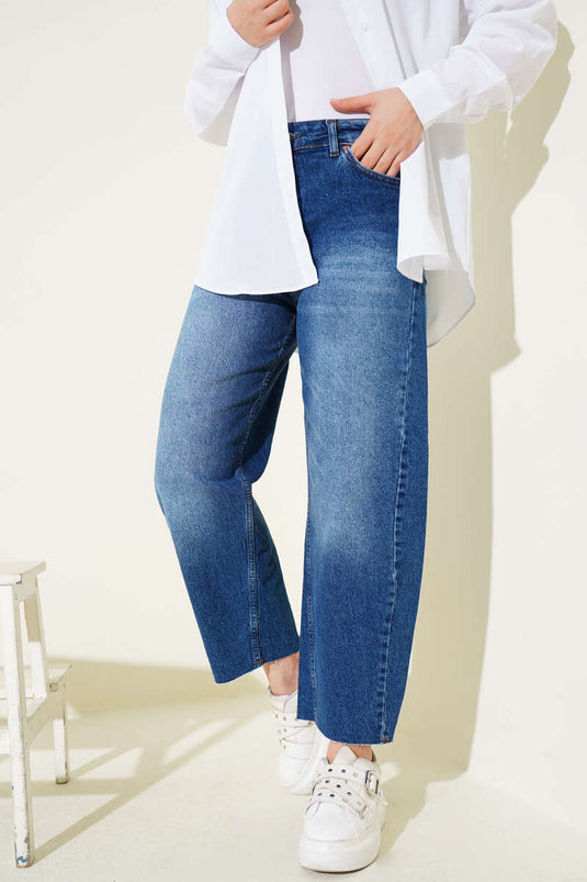 Kesik Paça Baggy Fit Kot Pantolon Mavi